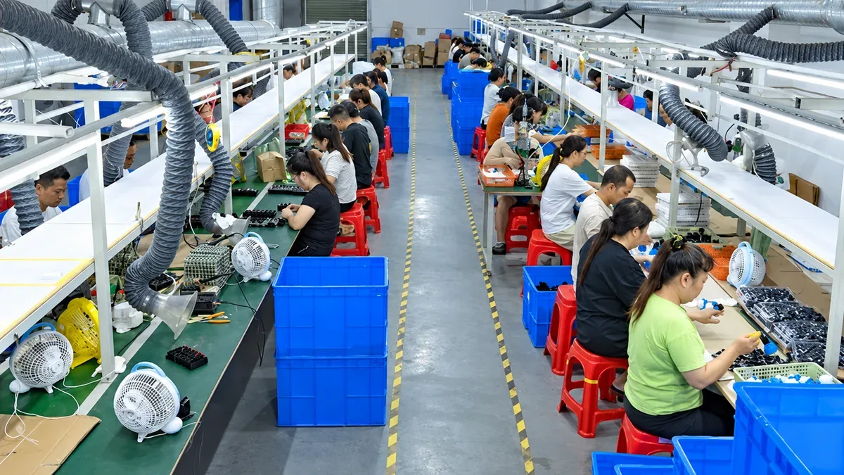 Workers assembling solar garden lights along two production lines in a solar lighting factory