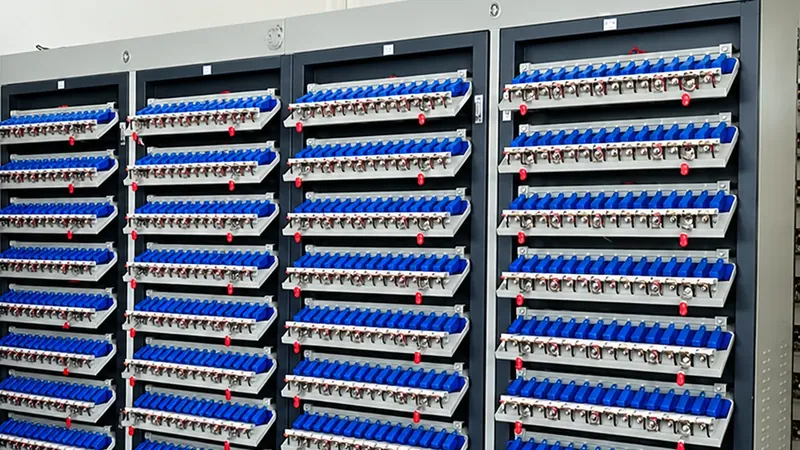 Racks of lithium battery cells held in a battery capacity grading tester at a solar light factory