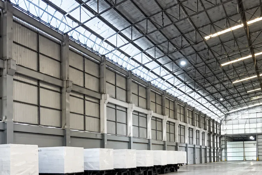 Large steel-frame factory building with production hall