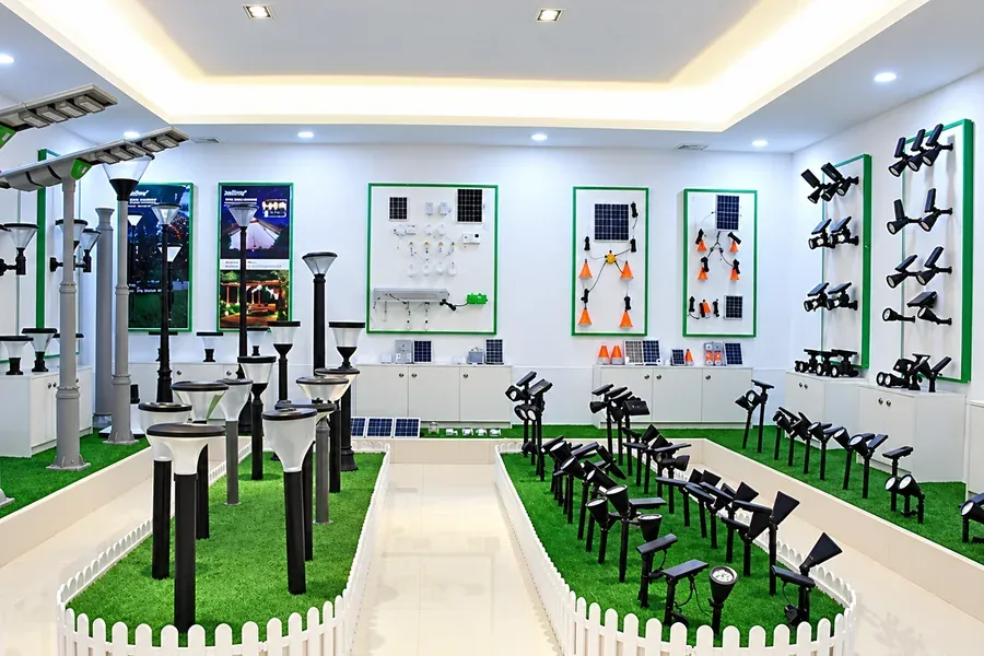 Product showroom displaying solar garden, wall and pathway light ranges