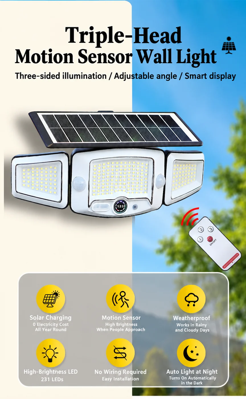 Solar Triple-Head Magnetic Motion Sensor Remote Control Wall Light — application or detail image 6