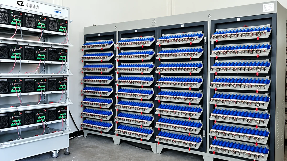 Battery capacity grading racks with rows of lithium cells on individual charge and discharge channels