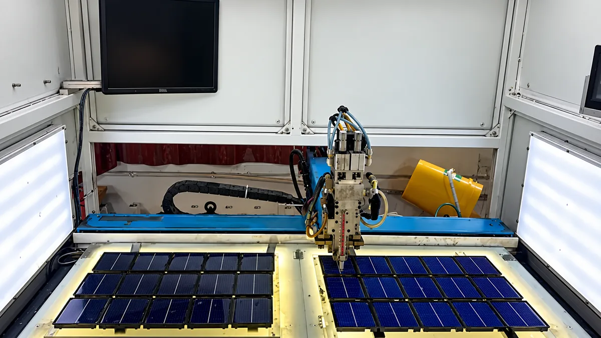 Rows of dark and blue silicon solar cells on the work bed of an automatic cell tabbing machine