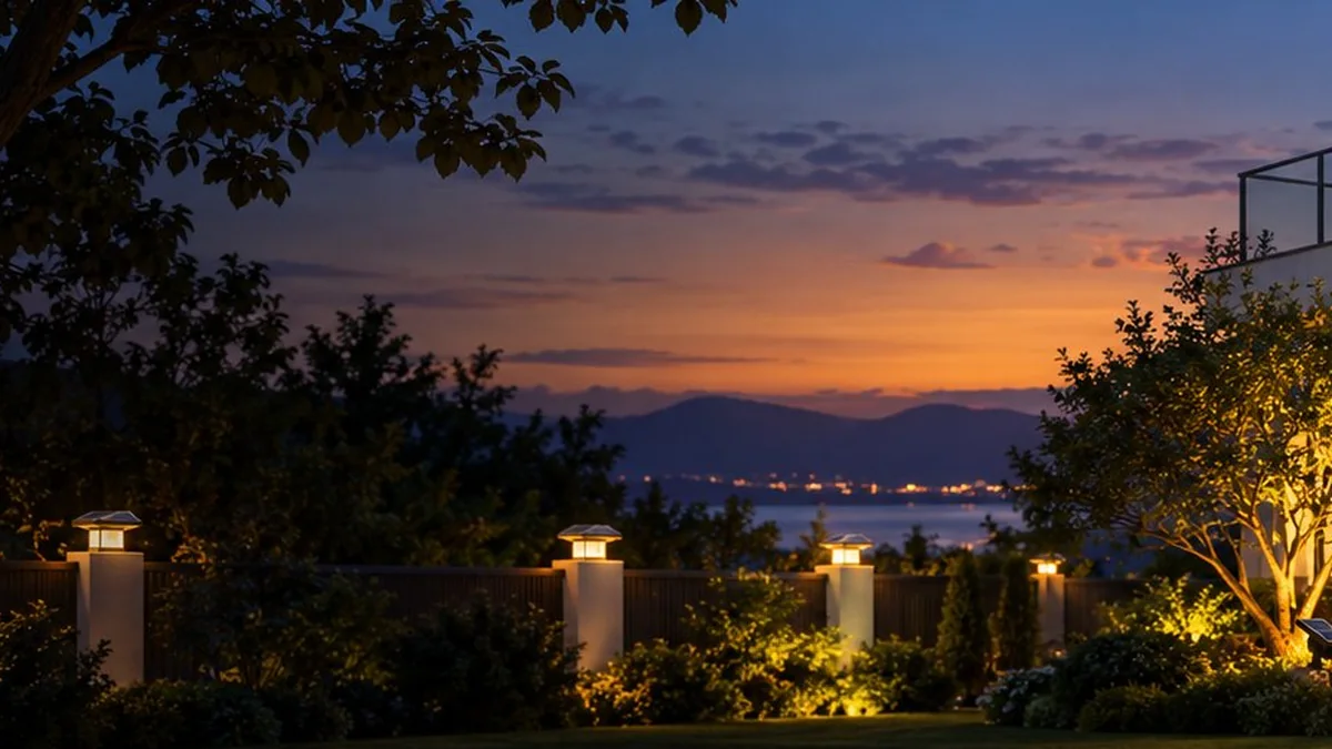Garden boundary at dusk with solar fence post cap lights and an uplight aimed into a tree