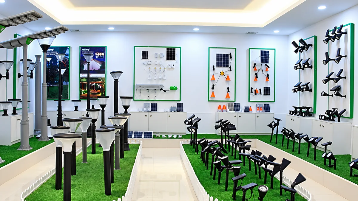 Showroom display of solar pathway, wall, spotlight and garden light models arranged by type