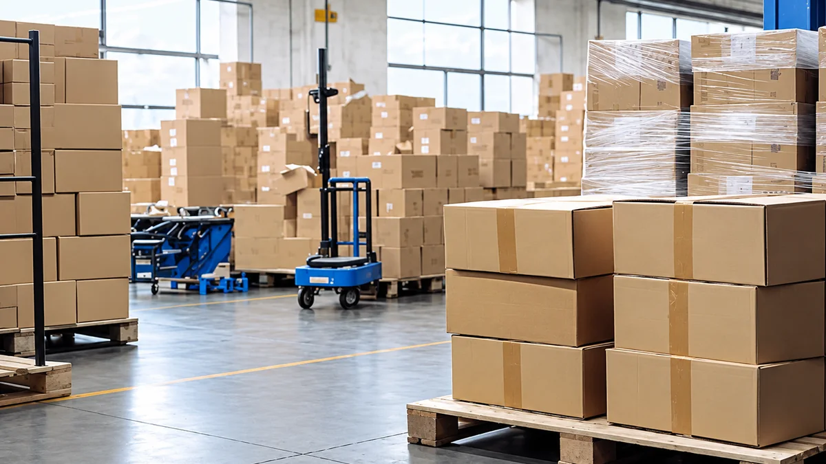 Stacked and shrink-wrapped export cartons on pallets in a warehouse dispatch area